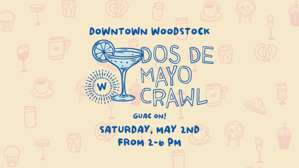 Festive Woodstock-themed pub crawl event in downtown Woodstock, May 2, 2026.